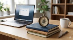 職場個人品牌關鍵字概念圖：書桌上的羅盤與筆記本，象徵定義職涯標籤以脫穎而出。